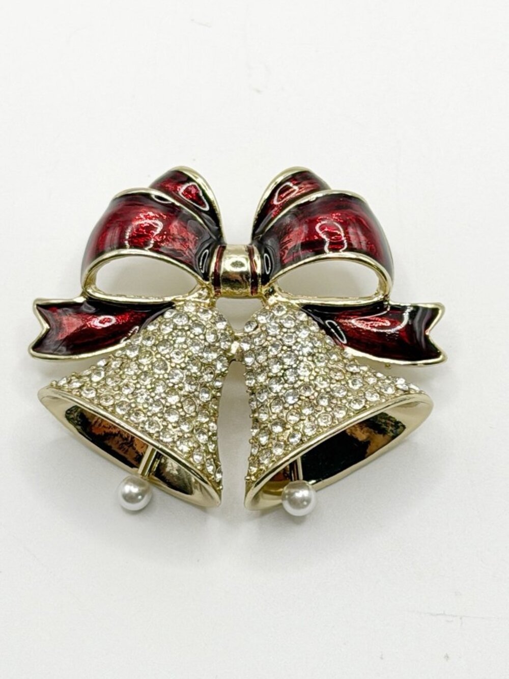 Gold Tone Enamel Red Bow W Clear Paved Rhinestones Bell Moving Pearls Ringers